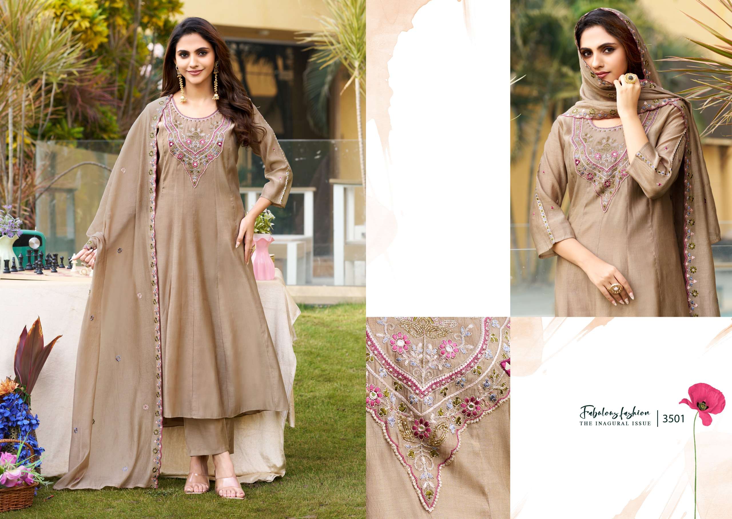 3501 TO 3503 CORAL FABRIC KURTI PALAZZO SUIT WEDDING SUIT TYPE ETHNIC SHOP